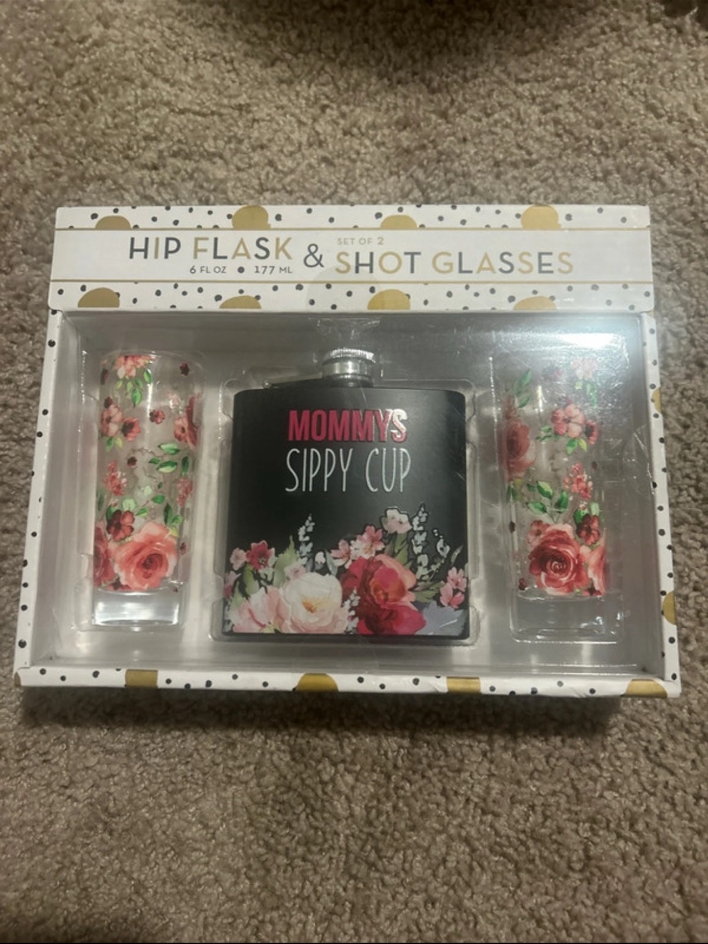 Mommy's Sippy Cup Floral Hip Flask & Shot Glasses Set - Black